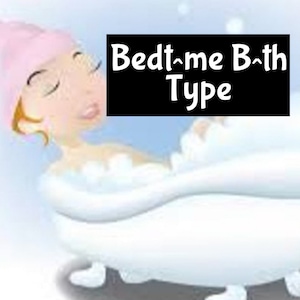 Puede incluir: Una mujer se relaja en una bañera blanca llena de burbujas. El texto "Bedtime Bath Type" se muestra en letras blancas sobre un fondo negro.