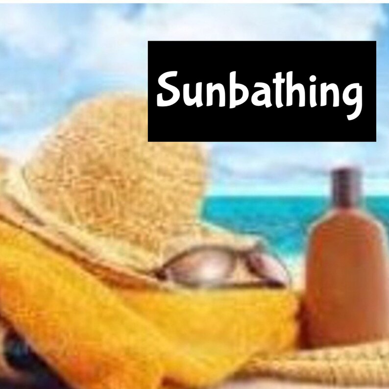 May include: A person relaxing on a beach towel wearing a straw hat and sunglasses. A bottle of sunscreen is on the sand next to the towel. The text "Sunbathing" is written in black on a white background.