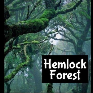 May include: A dense, green forest with moss-covered trees and the text "Hemlock Forest" in white letters on a black background.