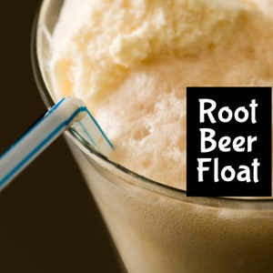 May include: A glass of root beer float with vanilla ice cream and a straw. The glass is filled with a brown, bubbly beverage and topped with a scoop of white ice cream. The text "Root Beer Float" is written in white letters on a black background.