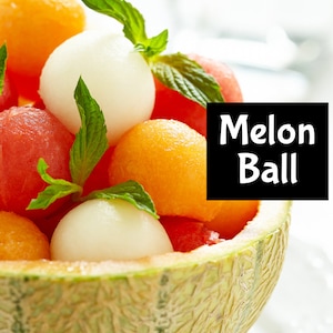 May include: A melon ball dessert made with cantaloupe, watermelon, and honeydew melon balls. The melon balls are arranged in a hollowed-out cantaloupe shell. The dessert is garnished with fresh mint leaves. "Melon Ball" is written in white text on a black background.
