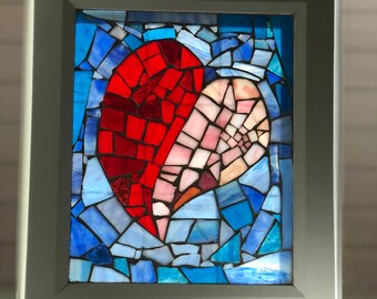 Stained Glass Mosiac Window with Red Heart and Blue Background
