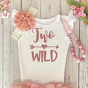 Two Wild Baby Girl Second Birthday Outfit  -  2nd Birthday Shirt - Glitter Rose Gold &  Dusty Pink Blush Tutu -  2nd Cake Smash Outfit