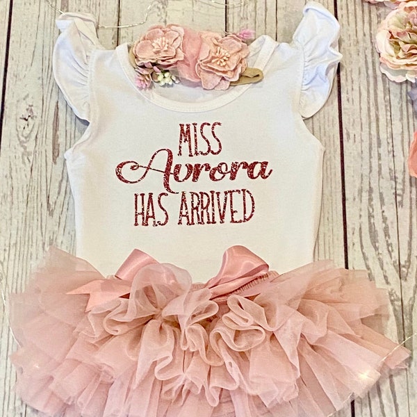 Personalised Baby Girl Newborn Outfit - Miss Has Arrived in Rose Gold Glitter with Baby Tutu - Coming Home Outfit  - Premmie Sizes Available