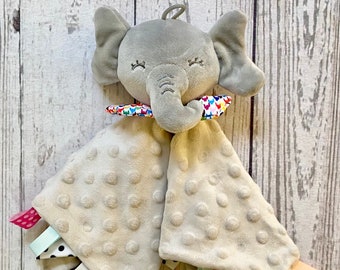 Personalised Baby Comforter Blanket - Lovey Blanket - Baby Shower Gift - New Baby Gift - Plush Security Lovie with Tags - Grey Elephant