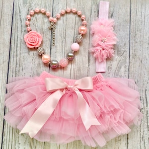 Pink Baby Girl Tutu Bloomer / Nappy Cover with Flower Headband and Chunky Necklace - Cake Smash Outfit - Baby Shower Gift - First Birthday
