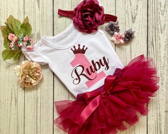 Personalised Baby Girl First Birthday Outfit  -  Dusty Rose - Burgundy - 1st Birthday Photo Shoot - Baby Tutu - 1st B'Day Cake Smash Outfit