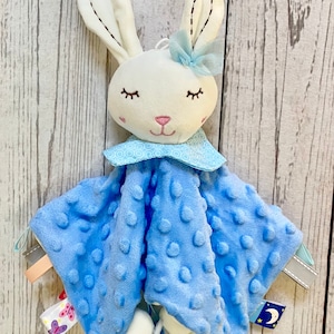 Personalised Animal Lovey Blanket Baby Comforter - Baby Shower Gift - New Baby Gift - Plush Security Lovie with Tags - Blue Bunny Rabbit