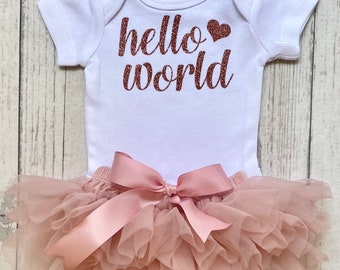 Baby Girl Premature Newborn - Hello World in Rose Gold Glitter - Coming Home Outfit  - Premmie Sizes