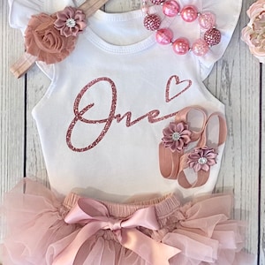 One -  Baby Girl First Birthday Outfit  -  Rose Gold & Dusty Pink - Birthday Photo Shoot - Cake Smash Outfit - 1st Birthday Outfit Tutu