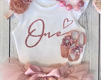 One -  Baby Girl First Birthday Outfit  -  Rose Gold & Dusty Pink - Birthday Photo Shoot - Cake Smash Outfit - 1st Birthday Outfit Tutu