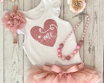 One - Baby Girl First Birthday Outfit - Glitter Rose Gold Heart & Dusty Pink Tutu - 1st Birthday Photos - Cake Smash Outfit - Birthday Gift