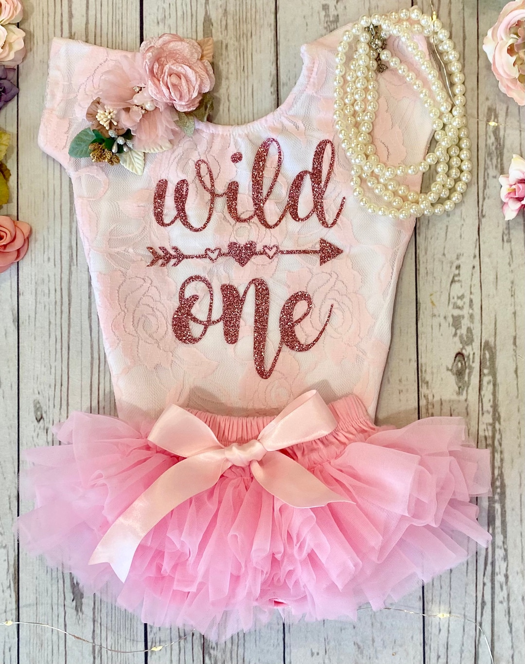Wild One Baby Girl First Birthday Outfit: Rose Gold Glitter, Pink