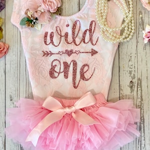 Wild One Baby Girl First Birthday Outfit: Rose Gold Glitter, Pink Lace Tutu