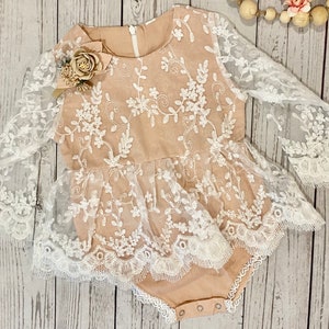 Baby Girl Boho Lace First Birthday Outfit - 1st Birthday Cake Smash Romper - Long Sleeve Lace Outfit with Flower Headband - Photo Shoot