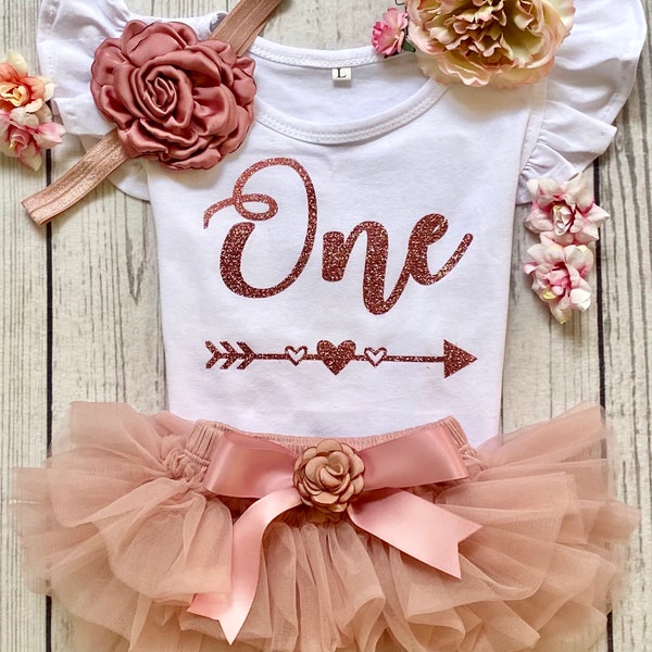 Personalized Girls 1st Birthday Outfit - Baby Tutu Dress Cake Smash Set In Peachy Pink Rose Gold 3 thumbnail image