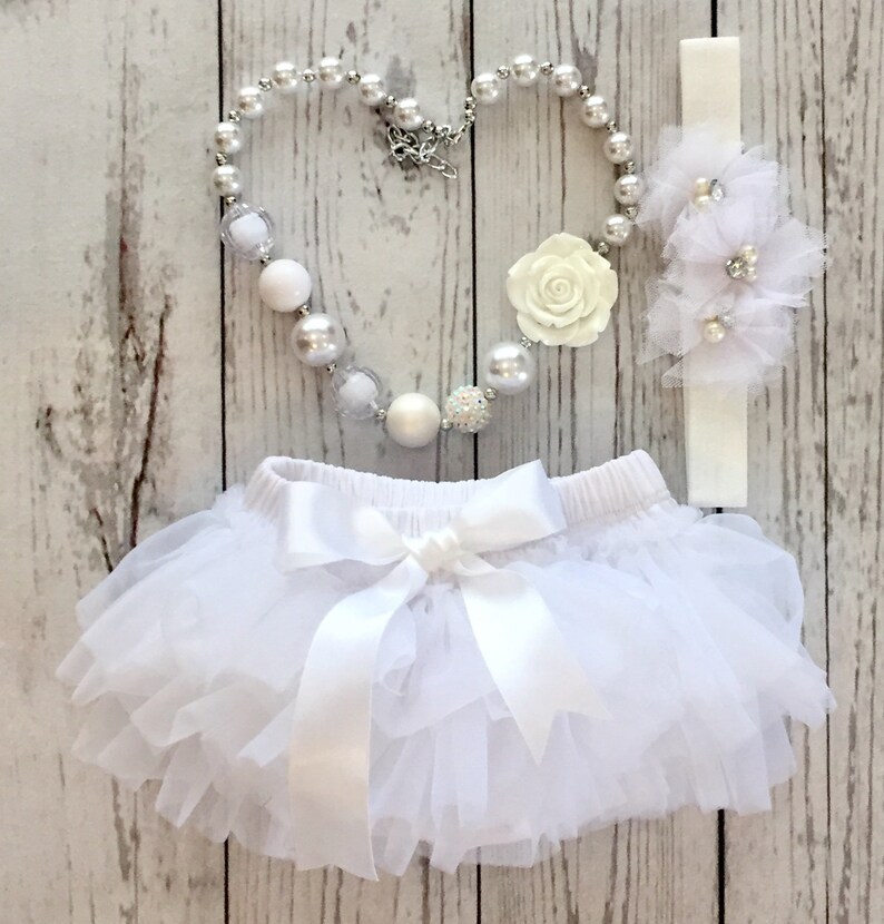 Little Angel in White Baby Tutu Bloomer with Headband and Necklace in White Cake Smash Newborn Photo Shoot Baby Girl Newborn
