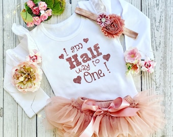 Baby Girl Half One Birthday - 1/2 Birthday Outfit - Dusty Pink Baby Tutu Bloomer with Onesie in Rose Gold - Half Birthday Photo Shoot