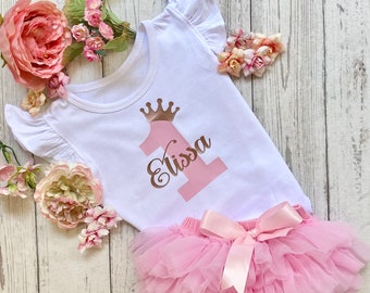 Customised Baby Girl First Birthday Outfit  -  Rose Gold & Baby Pink - Birthday Photos - Baby Tutu - Cake Smash Outfit Outfit