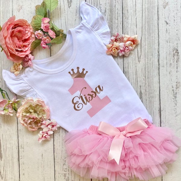 Vestito personalizzato per il primo compleanno di una neonata - Oro rosa e rosa confetto - Foto di compleanno - Tutù per bebè - Vestito da Smash torta