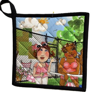 May include: Square quilted pot holder with a black border and hanging loop. The design features two cartoon women at a tennis court, with a blue sky, clouds, and a fence in the background. The women are wearing pink outfits.
