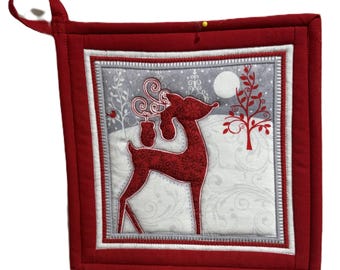 Presina trapuntata con scena invernale rossa e bianca