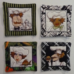 May include: Four square fabric pot holders with a chef theme. Each pot holder features a different chef character with a unique expression and a different background pattern. The pot holders are made of a soft, quilted fabric and are ideal for protecting your worktops from hot dishes.