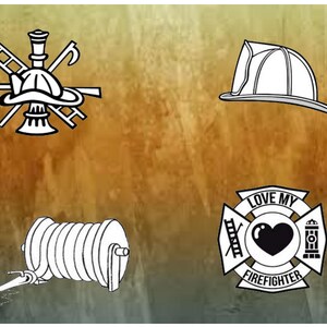 May include: Black and white illustration of a firefighter's helmet, a fire hose, and a firefighter's badge with the text "LOVE MY FIREFIGHTER".