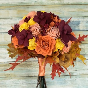 Burgundy and Orange Sola Wood Fall Wedding Flower Bouquet  "Autumn's Splendor"