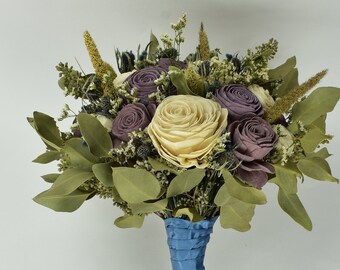 Antique Lilac and Cerulean Wood Wedding Sola Flower Bouquet "Amnesia Rose"