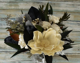 Ivory & Hunter Green Wood Wedding Sola Flower Bouquet "Southern Elegance"