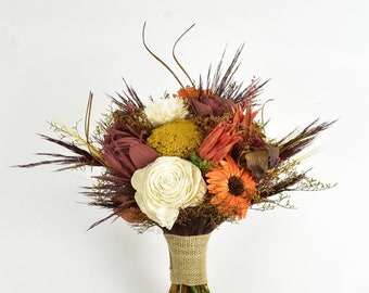 Orange, Mustard, and Rust Wood Wedding Sola Flower Bouquet "Calico Queen"