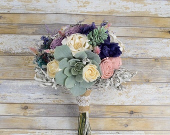 Lilac and Blush Wood Wedding Sola Flower Bouquet, with Artificial Succulents! "Wildflower Springs"