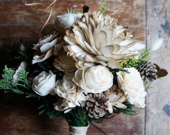 White and Green Wood Wedding Sola Flower Bouquet, "Enchanted Forest"