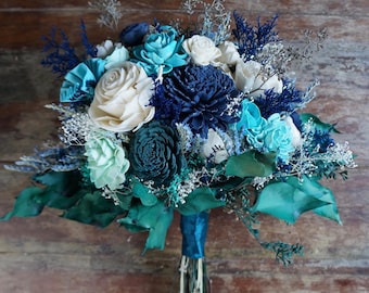 Blue and Turquoise Wood Wedding Sola Flower Bouquet, "Seaglass"