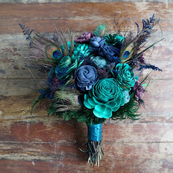 Peacock Sola Flower Bouquet, Teal and Blue Wood Flower Wedding Bouquet