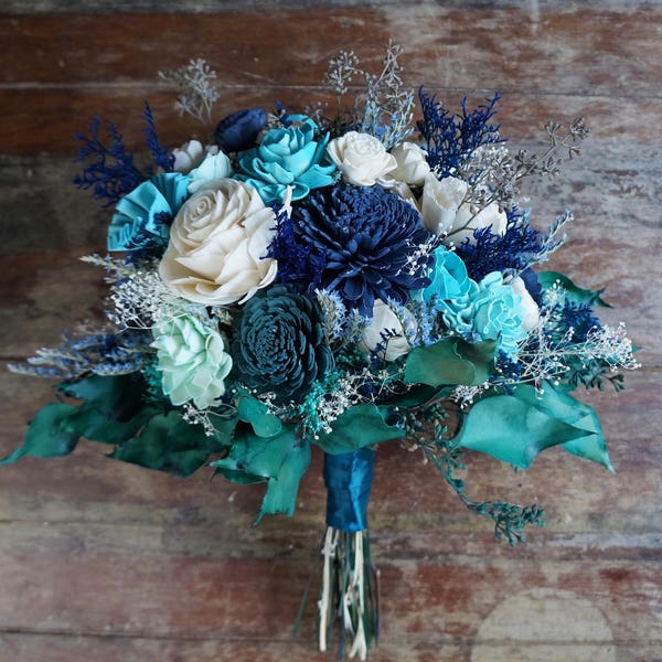 Blue and Turquoise Wood Wedding Sola Flower Bouquet, "Seaglass"