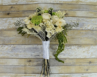 White and Lime Wood Wedding Sola Flower Bouquet "Key Lime"