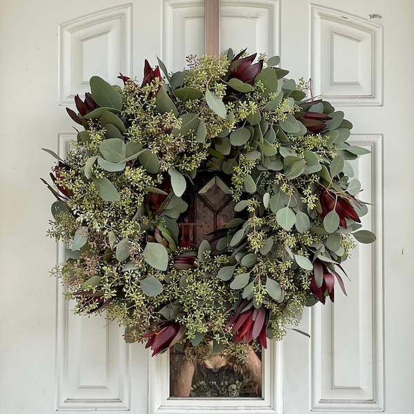 Fresh Wreath, Seeded Eucalyptus and Safari Sunset Leucadendron Winter Christmas Greenery Wreath (available year round!)