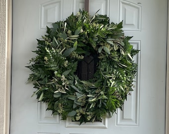 Fresh Seeded Eucalyptus, Olive, and Leatherleaf Handmade Greenery Wreath