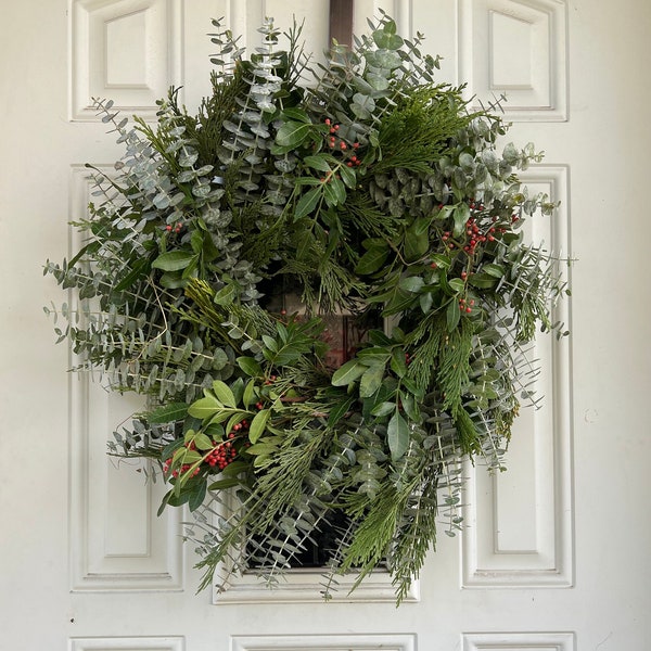 Fresh Handmade Christmas Wreath, Spiral Eucalyptus, Cedar, & Brazil Pepperberry Greenery Winter Holiday Christmas Wreath, * Nov- Jan Only