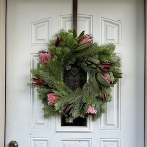 Fresh Protea, Leucadendron, and Wooly Bush Winter Greenery Wreath