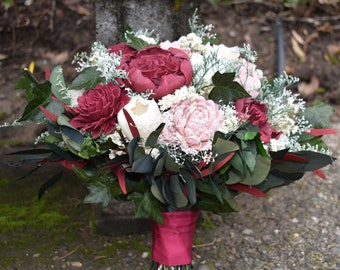 Maroon and Blush Wood Wedding Sola Flower Bouquet // "The English Garden"