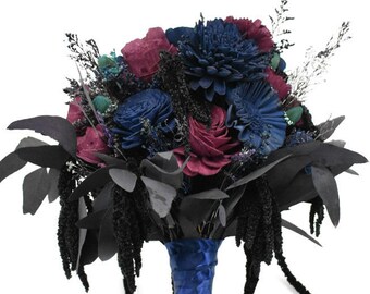 Plum and Navy Wood Wedding Sola Flower Bouquet "Midsummer's Night"