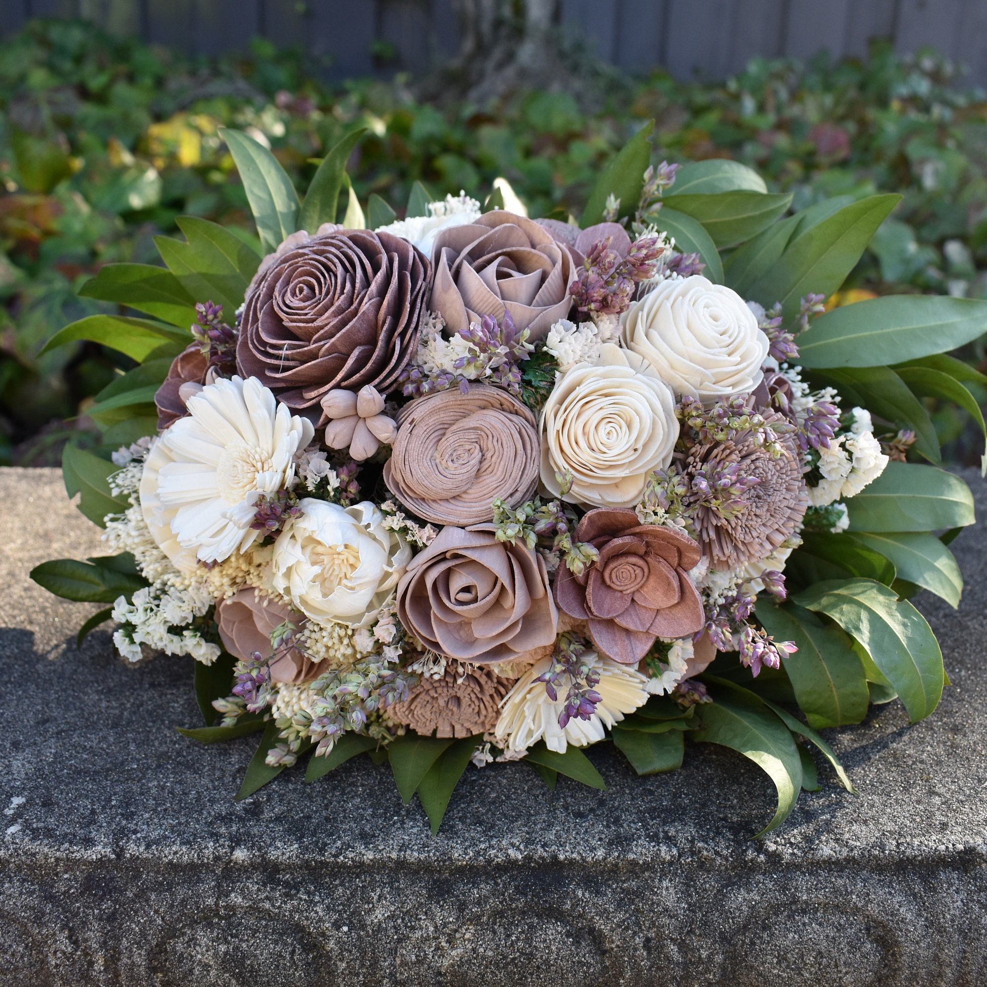 White and Mauve Wood Wedding Sola Flower Bouquet "French Cottage" - Thumbnail 4