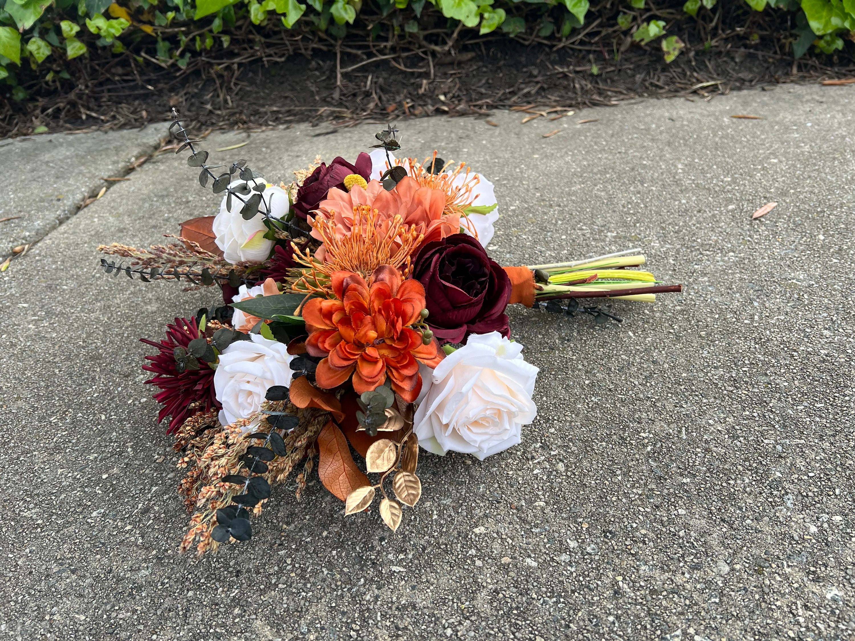 Terracotta and Burgundy Artificial Flower Wedding Bouquet, "High Sierra" - Thumbnail 7