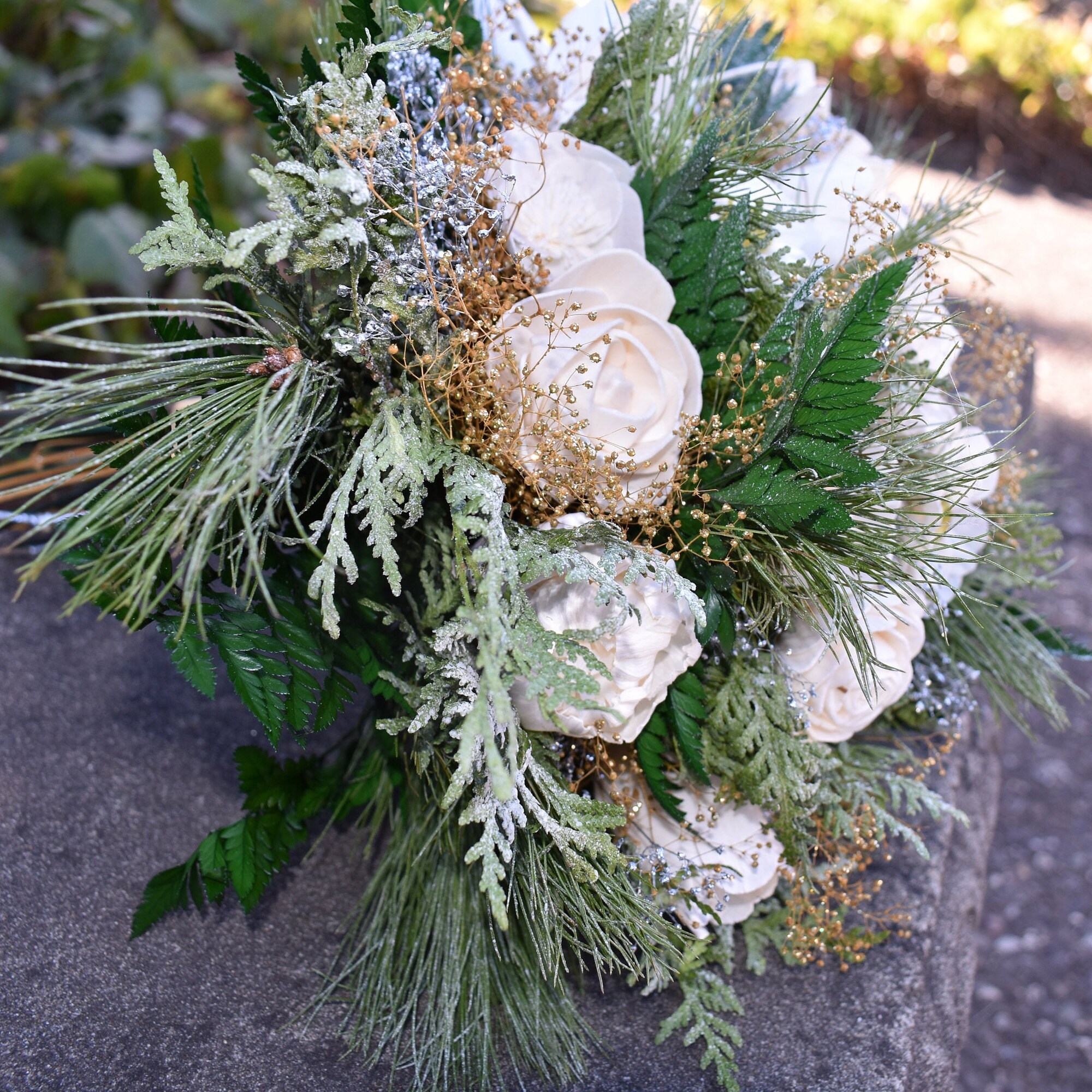 White and Gold Wood Flower Bouquet for  Christmas, Winter, and Holiday Weddings  "Winter Wonderland - Thumbnail 5
