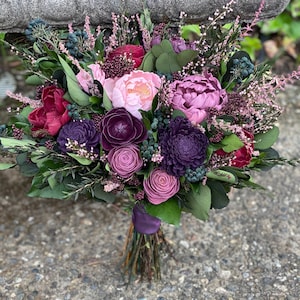 Wine, Purple and Burgundy Sola Flower Bouquet // Bridal Wood Flower Bouquet, "Blackberry Wine" Winter Bouquet, Fall Wedding Bouquet