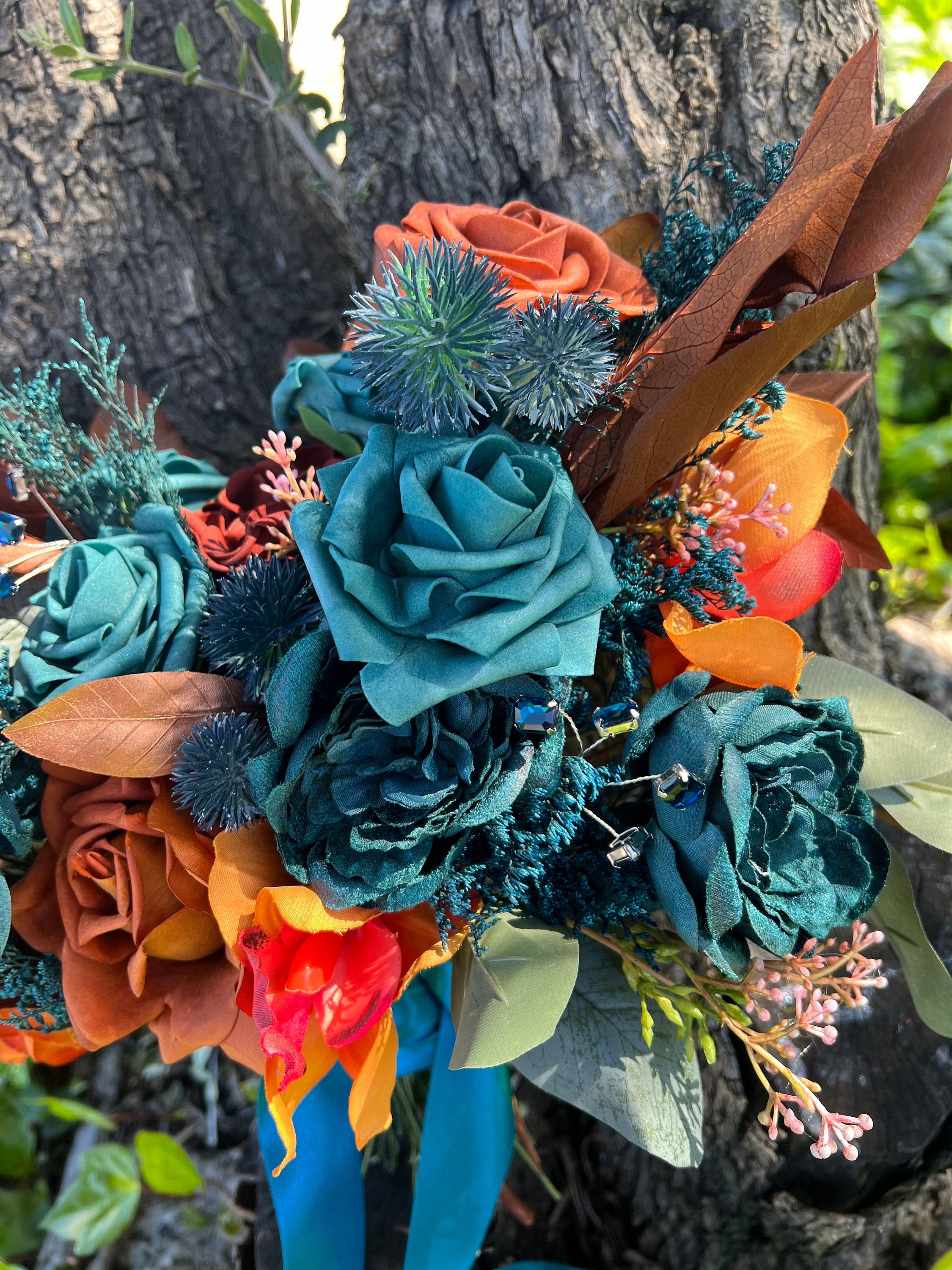 Teal and Orange Artificial Flower Wedding Bouquet, "Mystic Mermaid" - Thumbnail 3
