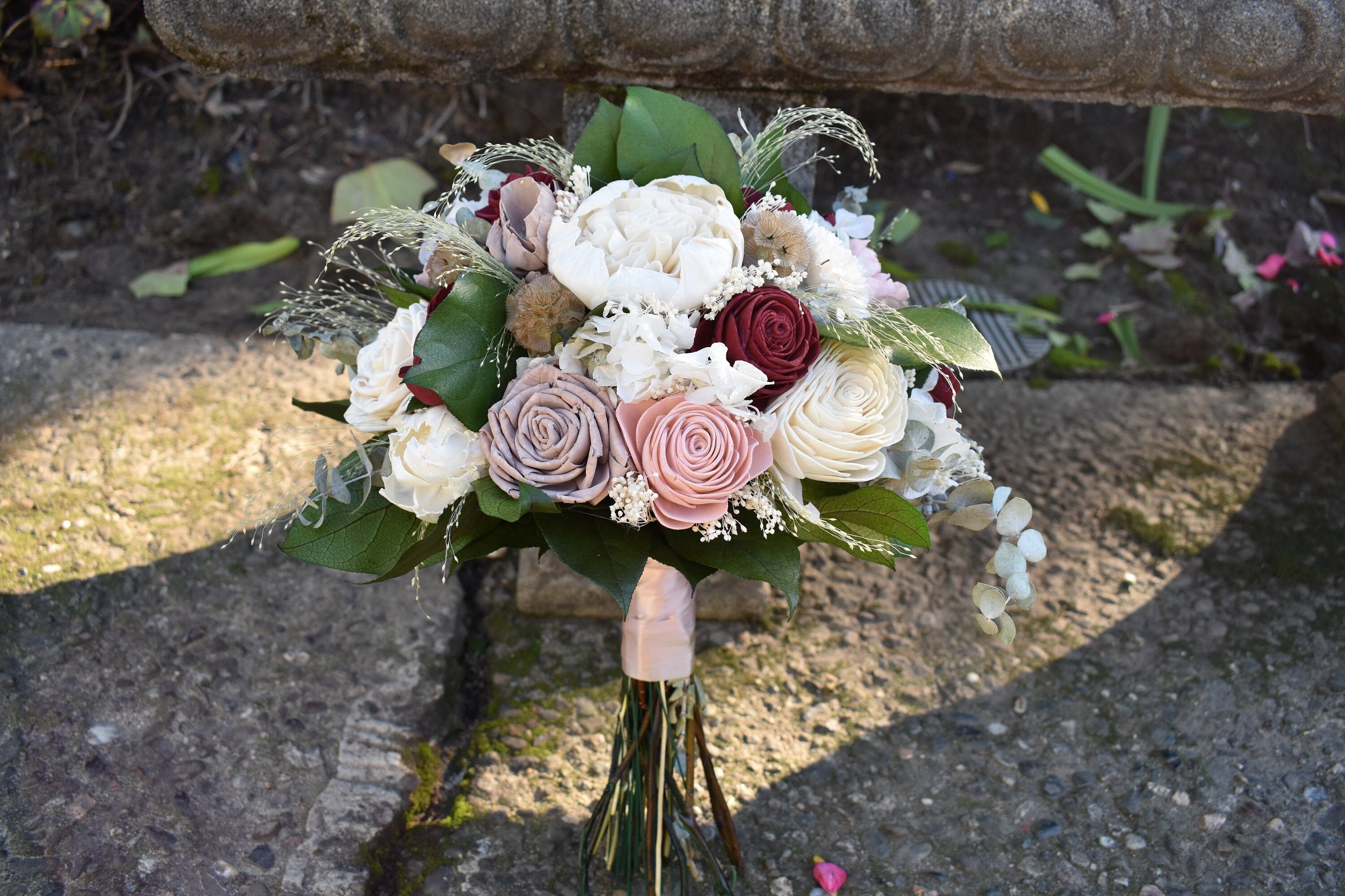 Burgundy and Ivory Wood Wedding Sola Flower Bouquet "Burgundy Rose"